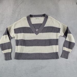 Y2K American Eagle Striped V-Neck Sweater - Gray and Cream